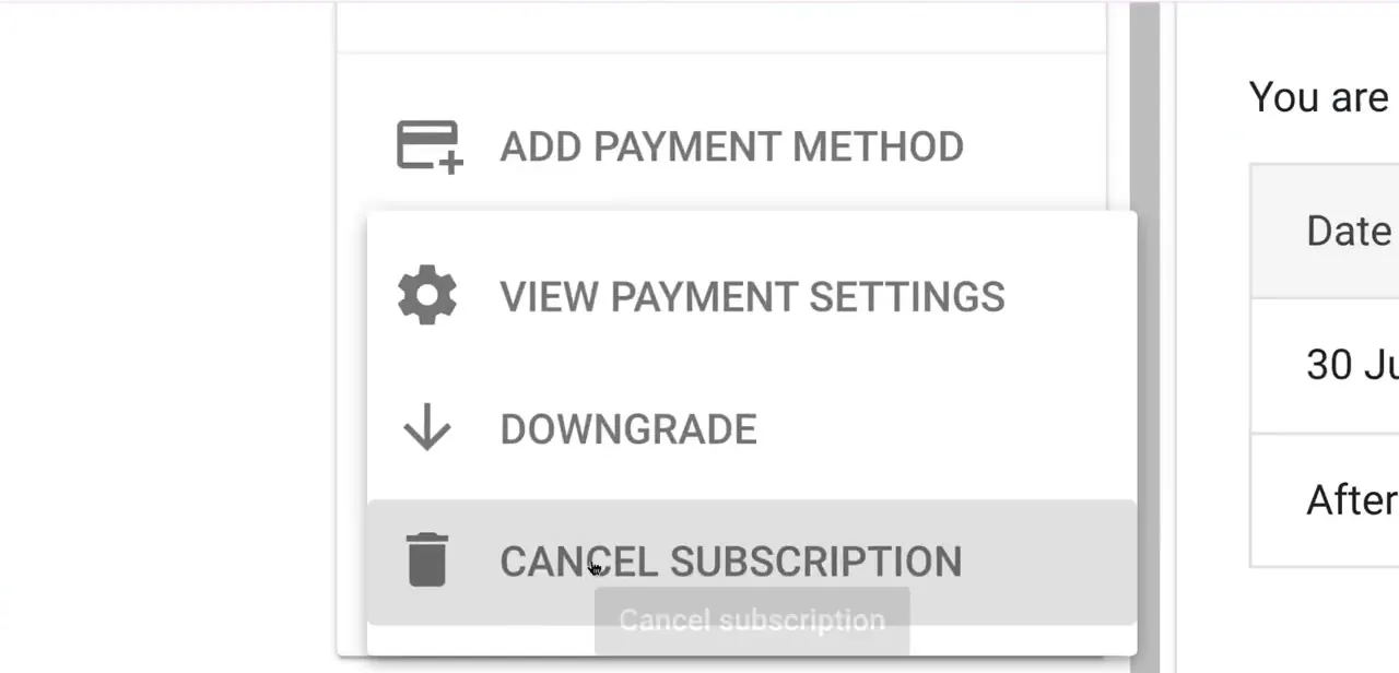The subscription's action menu, with Cancel subscription listed below Add payment method, View payment settings, and Downgrade.