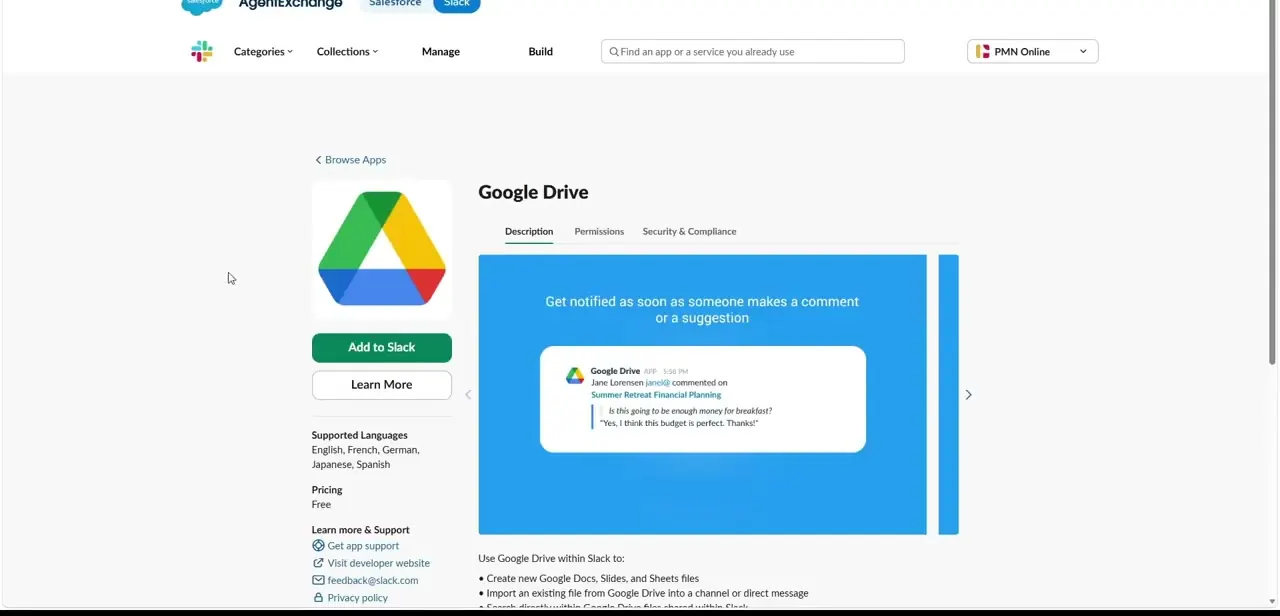 The Google Drive listing on Slack's marketplace, highlighting comment notifications as its headline feature, with pricing and language support below.