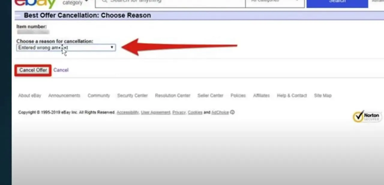The Best Offer Cancellation form. A reason must be selected from the dropdown before Cancel Offer completes the withdrawal.
