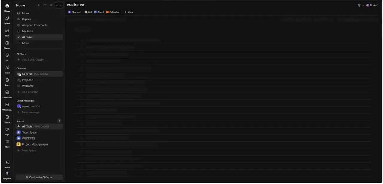 ClickUp's Home sidebar with Inbox, My Tasks, and All Tasks up top, AI Chats and Channels in the middle, and separate Spaces — Team Space, WEDDING, Project Management — listed at the bottom.
