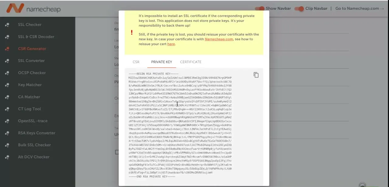 A CSR generation tool with CSR, Private Key, and Certificate tabs — the private key output is shown with a clear warning that losing it means reissuing the certificate.