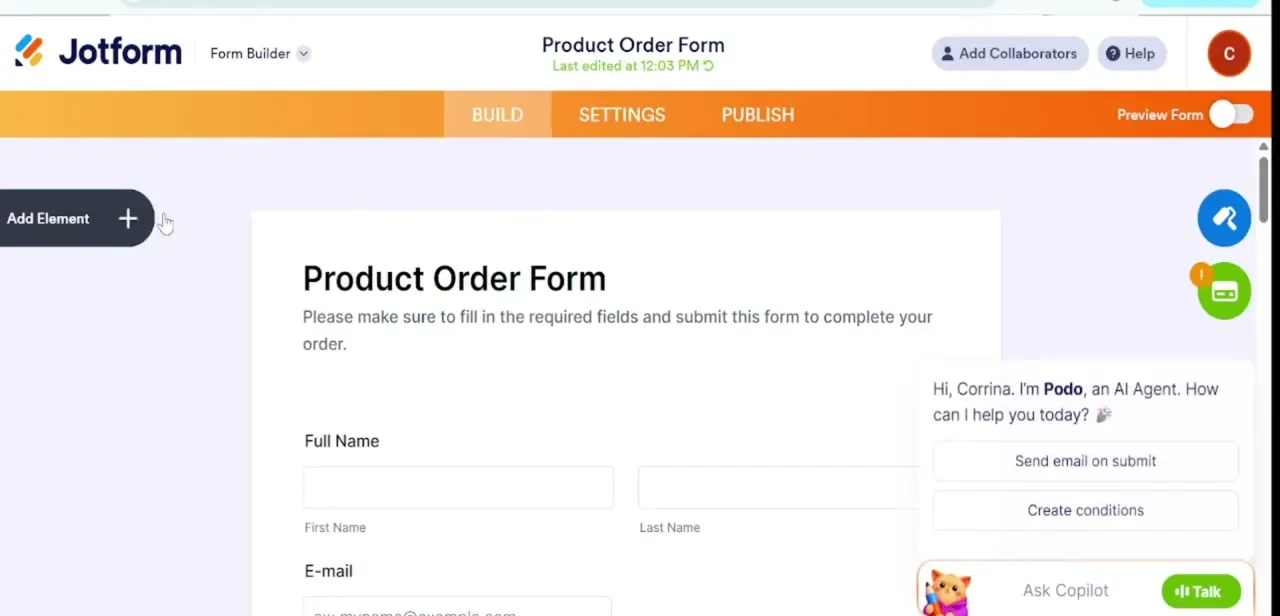 The Form Builder's BUILD tab open on a Product Order Form, with Add Element in the top-left ready to bring in a new field or widget.