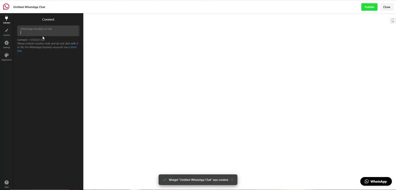 The WhatsApp widget builder's Connect tab, where you enter the number visitors will message and confirm the widget has been created.