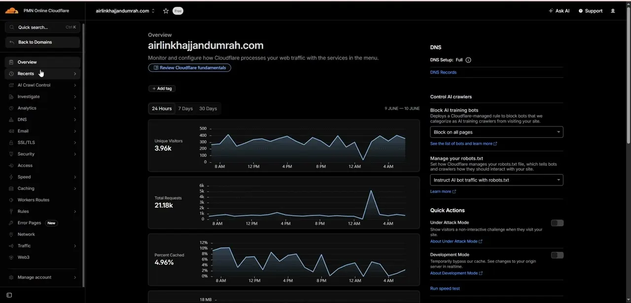 A domain's Overview page in Cloudflare. The DNS Records link in the top-right panel is the fastest way into the records editor.