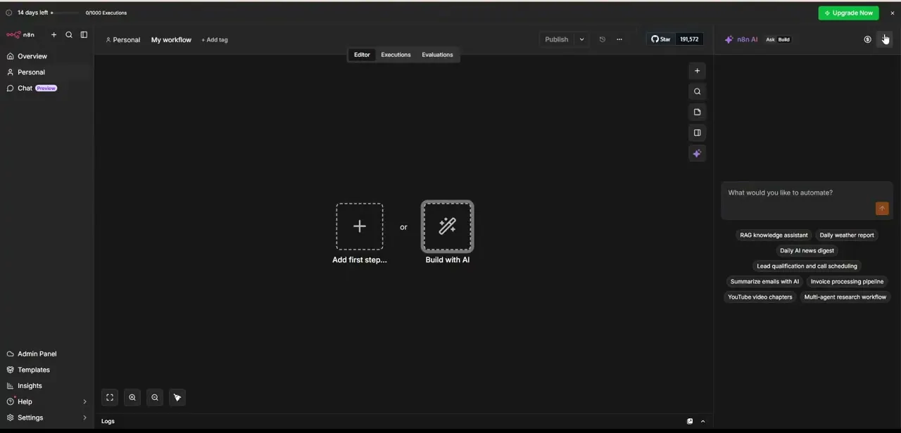 A brand-new workflow canvas, with the choice between manually adding the first step or generating one with the Build with AI panel.