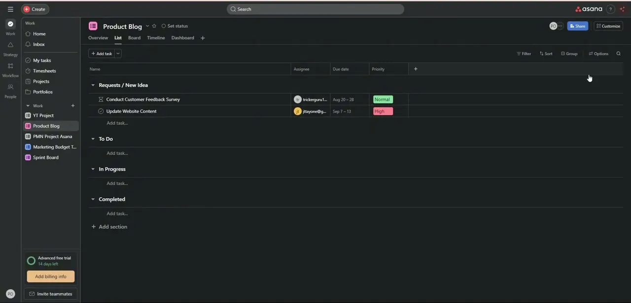 An Asana project in List view, showing task sections, assignees, due dates, and priority — the data that will carry over once Notion is connected.