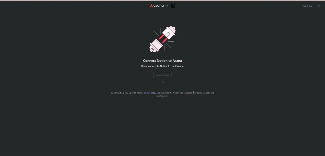 The authorization screen for linking the two accounts, confirming that Notion will gain access to your Asana tasks, projects, and workspaces.