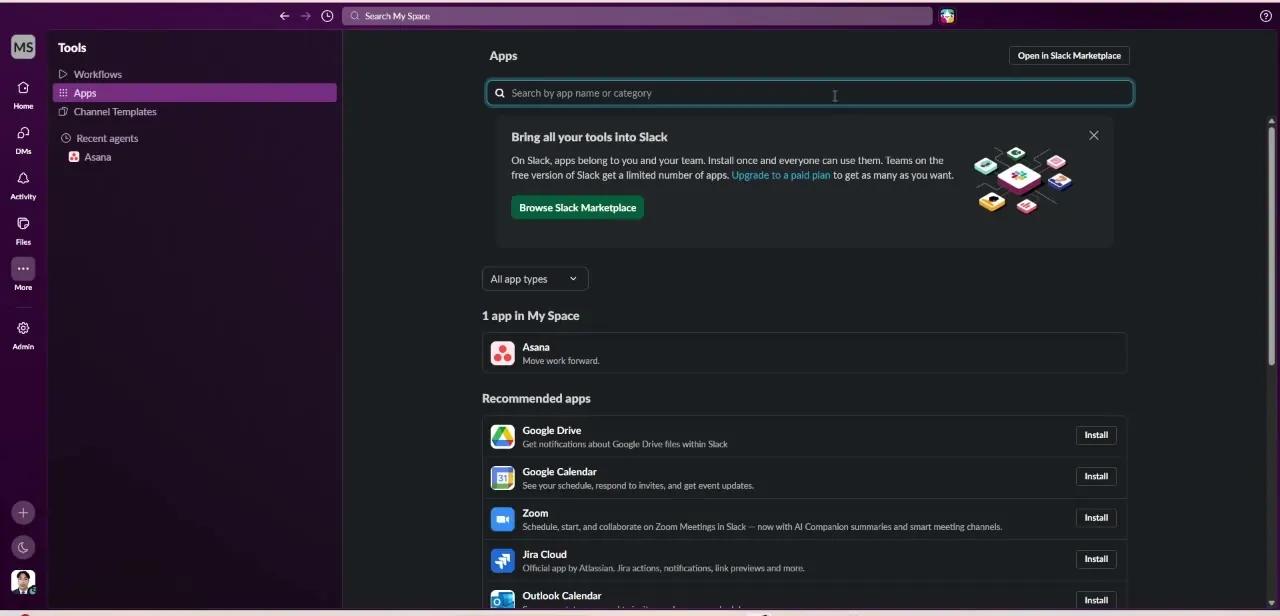 Slack's Apps directory, where Claude is added the same way as any other tool — search, then Install from the app card.