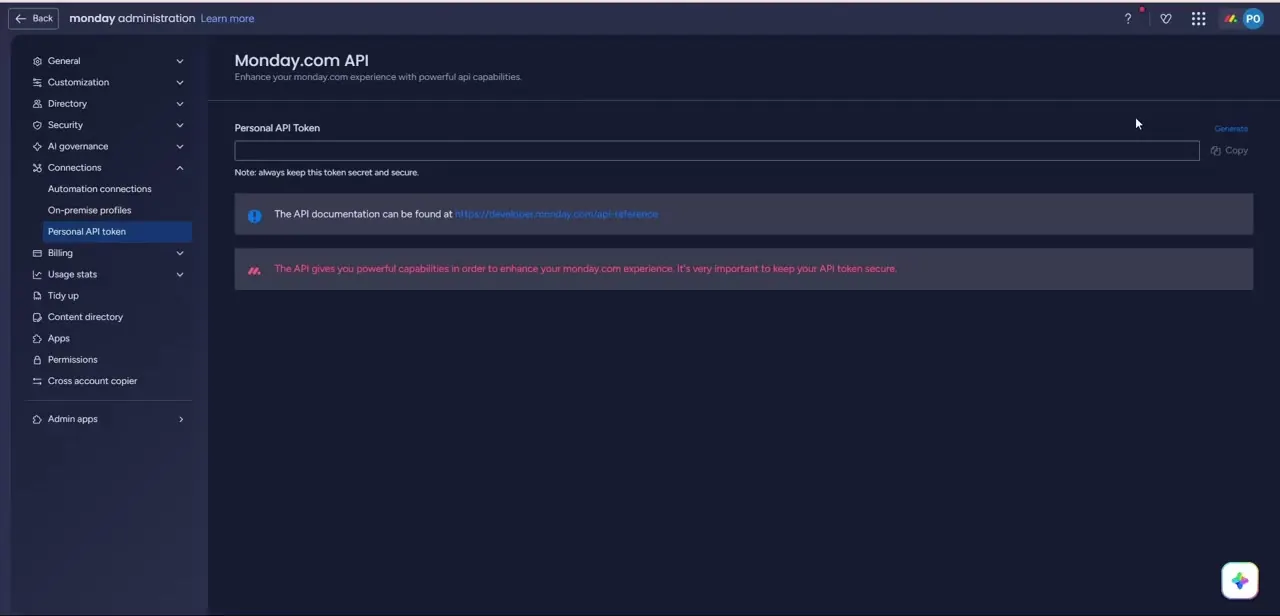 The Personal API Token screen under Administration → Connections, showing the empty token field, the Generate link, and Monday's warning about keeping it secure.