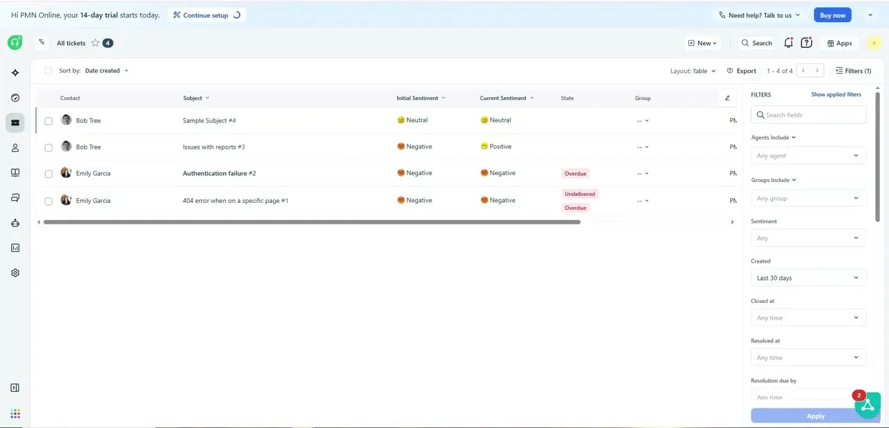 The All tickets table, with sentiment and state columns visible and a filters panel open on the right for narrowing down which tickets need attention.