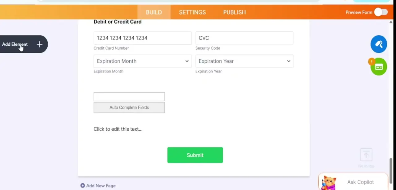 A form builder canvas with existing fields and the Add Element button ready to bring in a new Paragraph block.