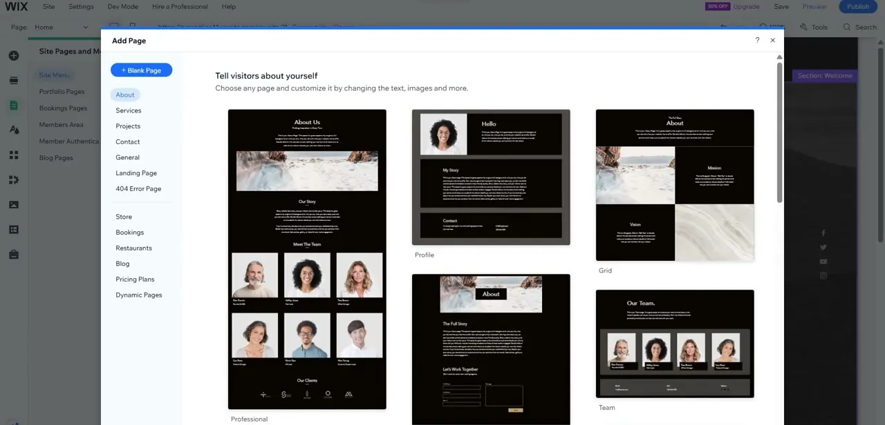 The Add Page dialog, with page categories listed down the left including a dedicated Landing Page option under General.