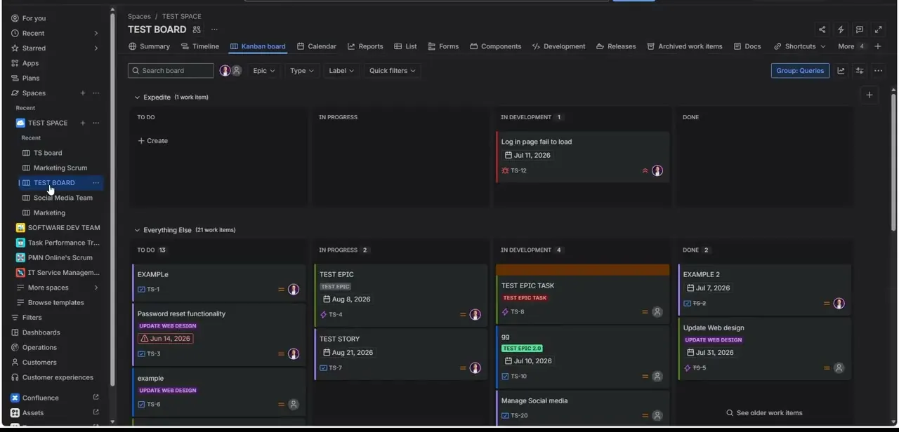 A Jira Kanban board grouped by epic — the kind of board where a linked Notion doc saves someone a manual search.