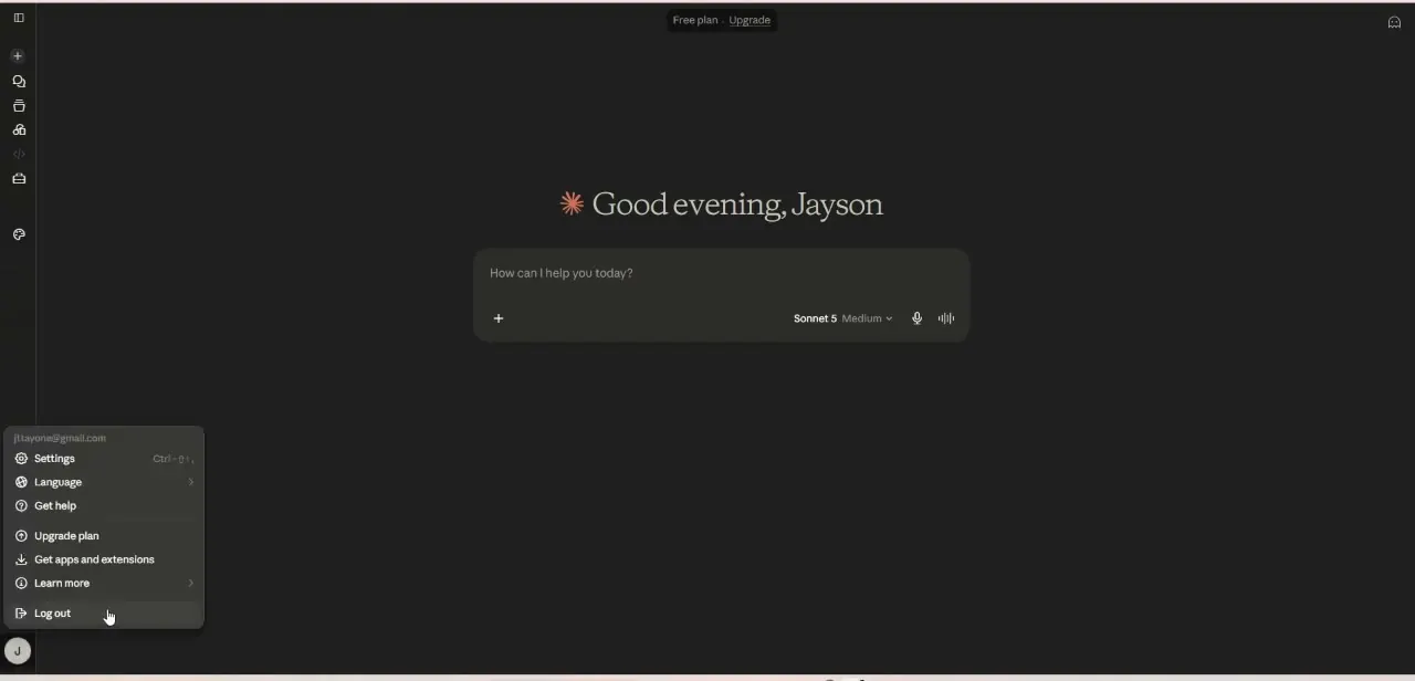 Claude's account menu, opened from the profile icon, with "Get apps and extensions" as the entry point to connectors.