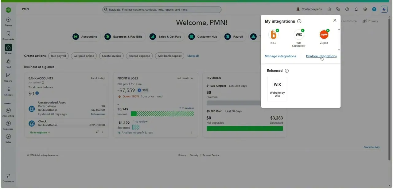 The My integrations panel from the QuickBooks Online dashboard, showing already-connected apps and a link to explore more.
