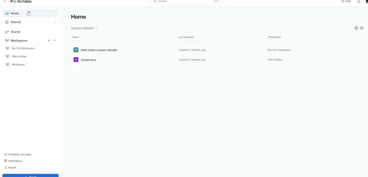 Airtable's Home screen, listing recently opened bases. Pick the one with the table you want to visualize as a calendar.