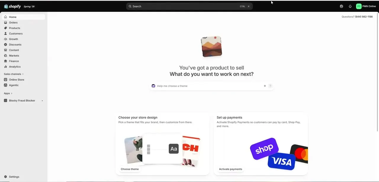 The Shopify admin home, with an installed app already showing under Apps in the left menu — the starting point before heading into Settings for API access.