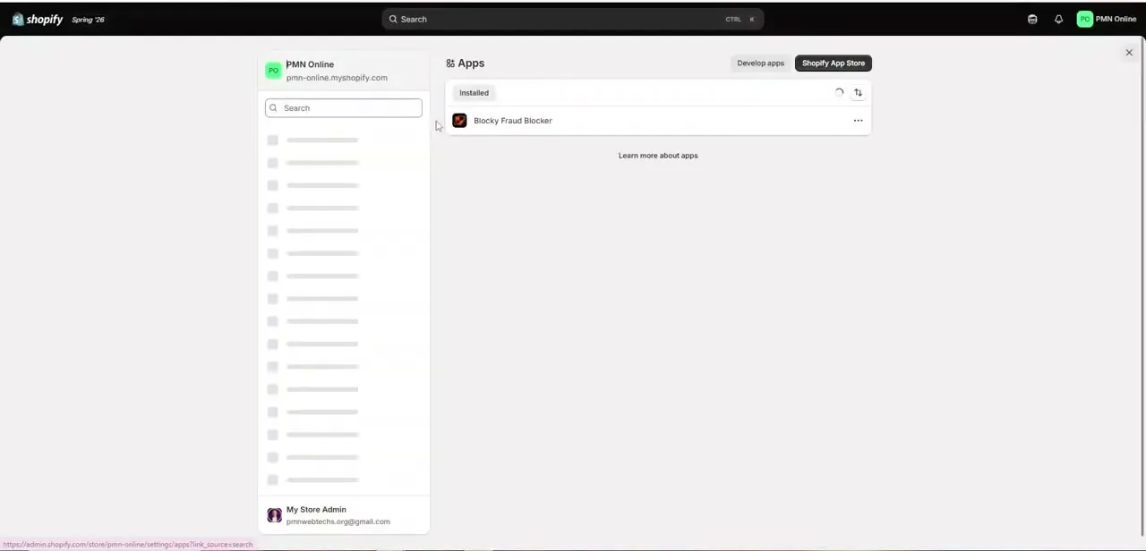 The Apps settings page, listing installed apps with Develop apps and Shopify App Store buttons — Develop apps is the path to generating your own API credentials.