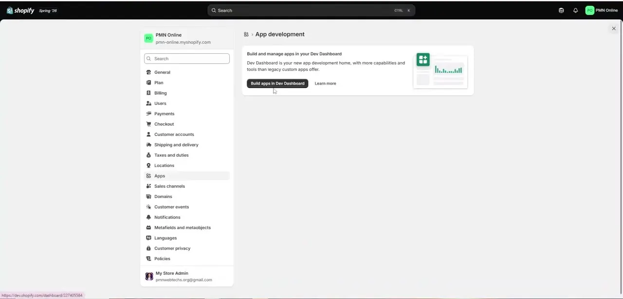 The App development page prompting you into the Dev Dashboard, Shopify's current home for building and managing custom apps and their API credentials.