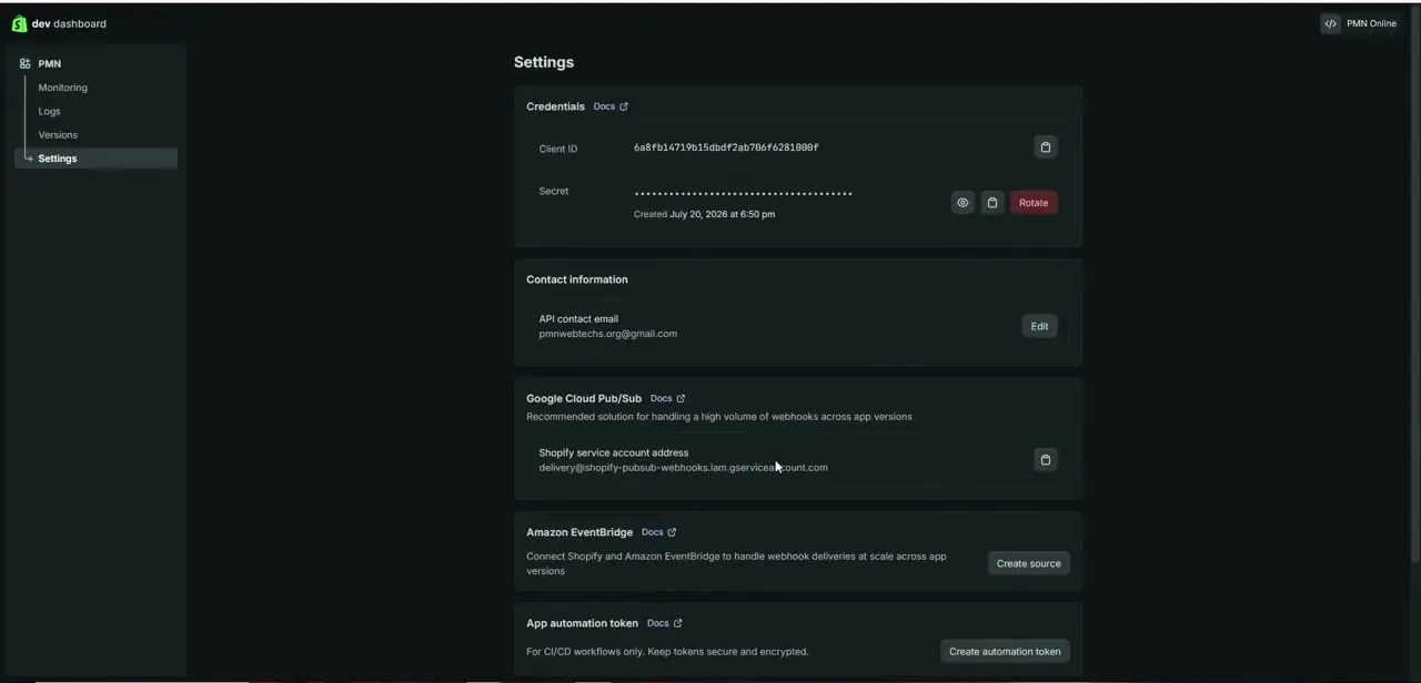 The Credentials panel in the Dev Dashboard, showing the Client ID and a masked Secret — these two values are what your integration uses to authenticate with your store.