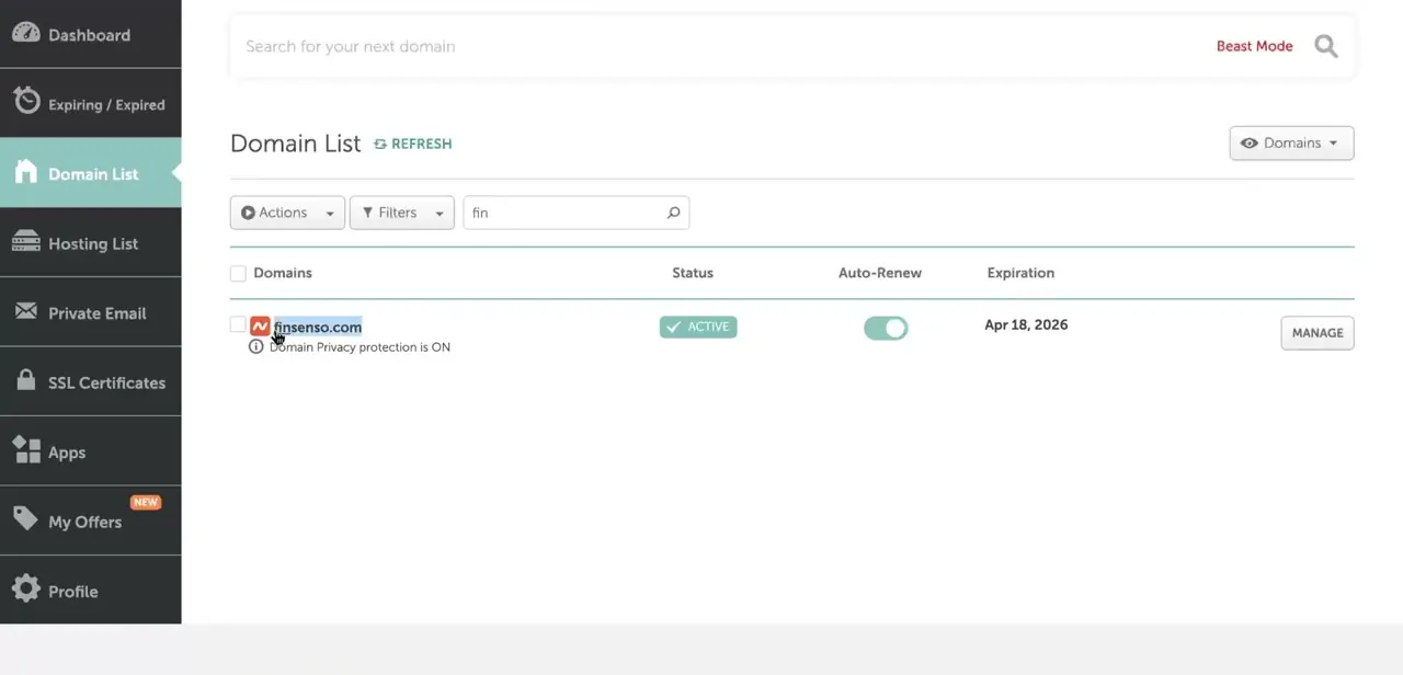 Namecheap's Domain List showing an active domain with auto-renew on and domain privacy protection enabled.