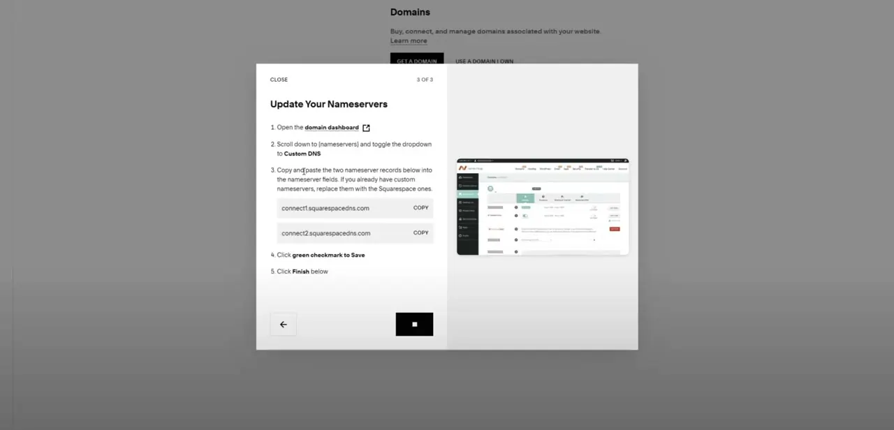 Squarespace's final setup step, listing the two custom nameservers to paste into your domain provider's nameserver fields.