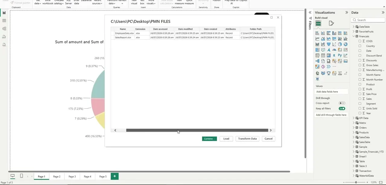The Folder connector's file list, showing every Excel file found in the folder along with its extension, dates, and path, ready to combine.