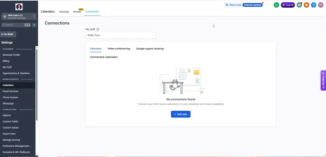 The Connections page under Settings, Calendars. Video conferencing tools like Zoom live in their own tab here, separate from calendar sync.