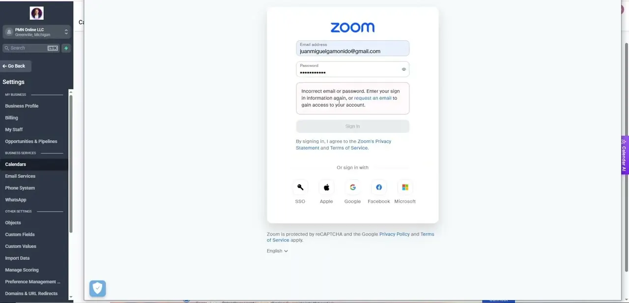 Zoom's sign-in screen appears in an overlay after clicking Connect, prompting you to log in with the Zoom account GoHighLevel should use.