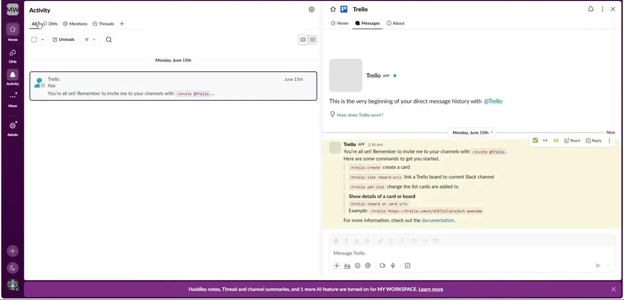 Slack's Trello app posting its welcome message into a channel, with slash commands like /trello create and /trello link listed right there in the chat.