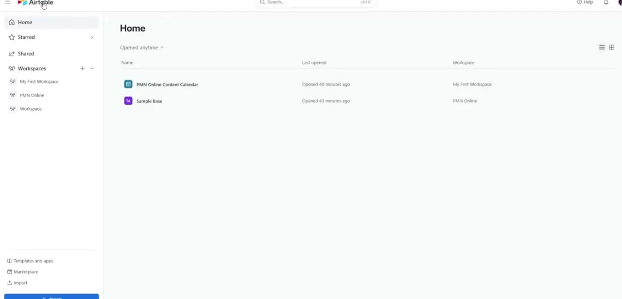 Airtable's Home screen. Open the exact base you need the ID for, since each base has a unique identifier.