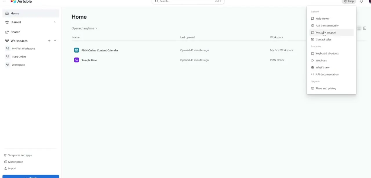 The Help menu, with API documentation listed under the Education section. This opens Airtable's developer reference for your account.