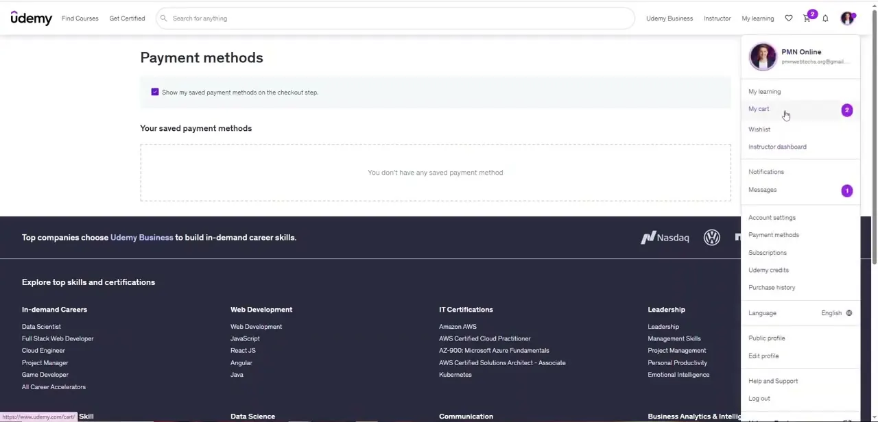 The Payment methods page, with the option to show saved methods at checkout and an empty list for a fresh account.