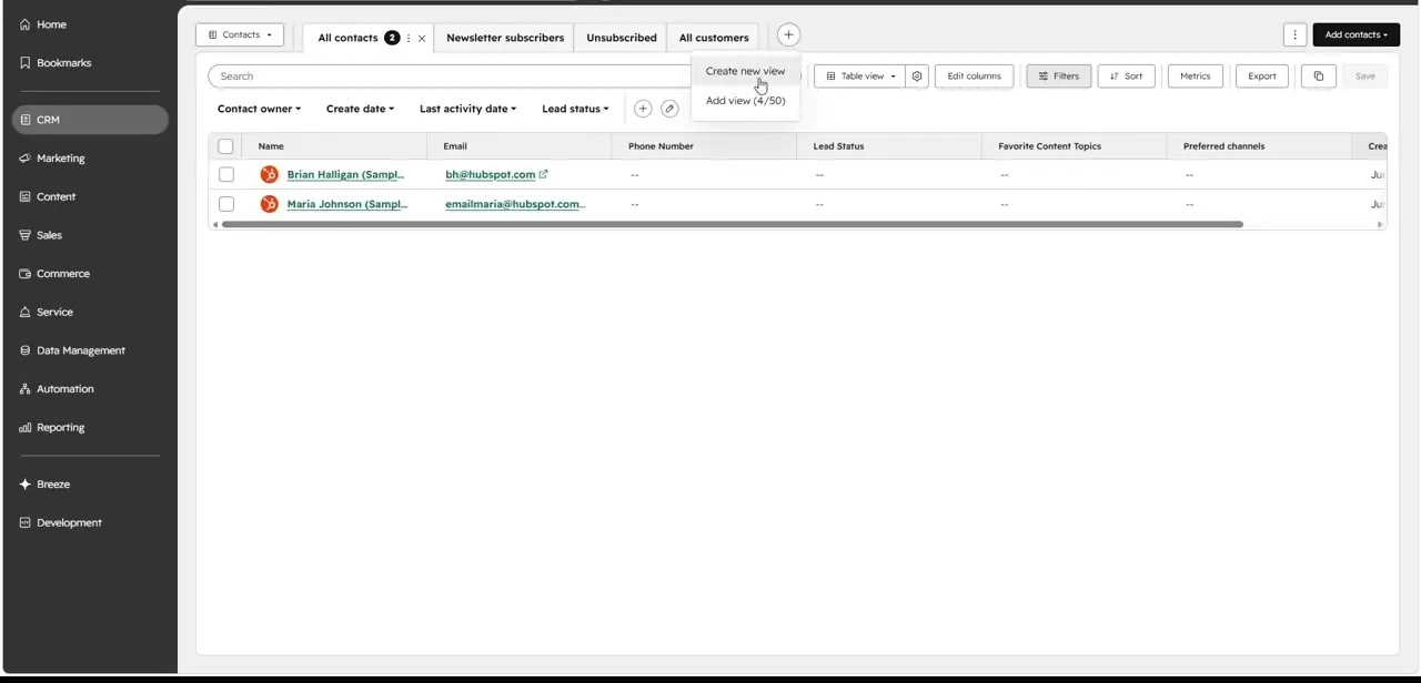 The Contacts list view with sample records, tabbed saved views along the top, and a Create New View option open.