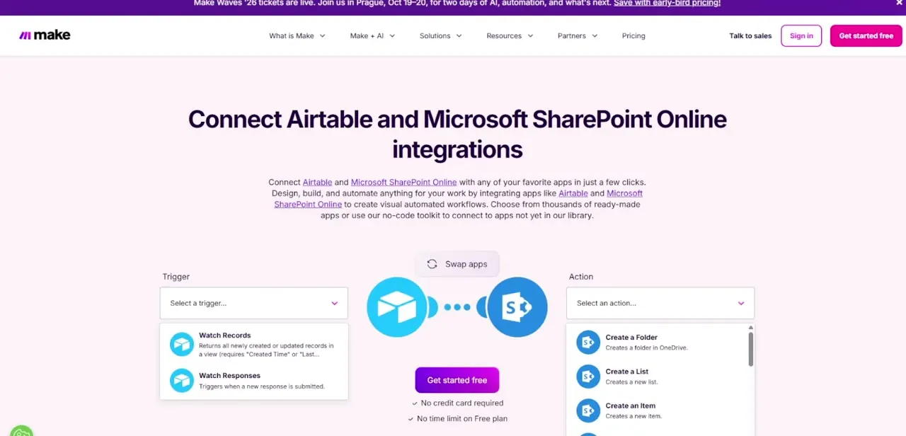 Make's Airtable-to-SharePoint integration page, showing the available trigger (Watch Records) on the Airtable side and actions like Create a Folder, Create a List, and Create an Item on the SharePoint side.