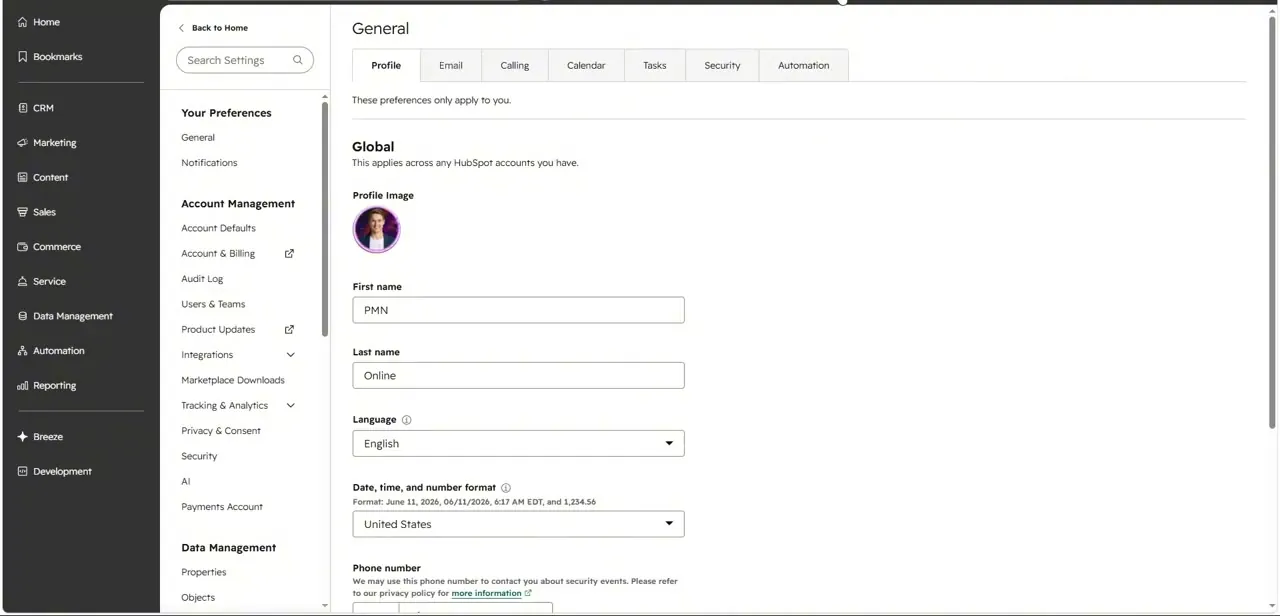 The Settings General tab, landing on Profile preferences. Domains & URLs lives further down, under the Content section of the left menu.