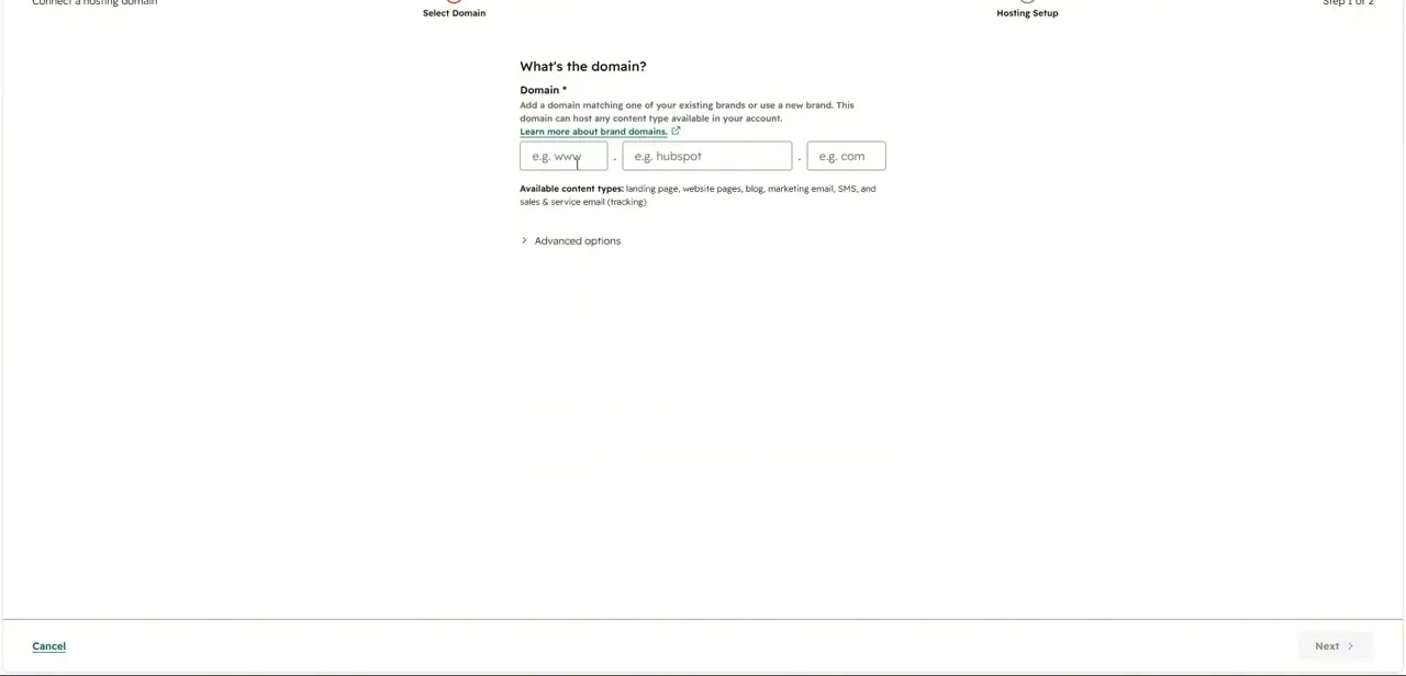 Step 1 of the Connect a hosting domain wizard, asking for the subdomain, root domain, and extension in three separate fields.