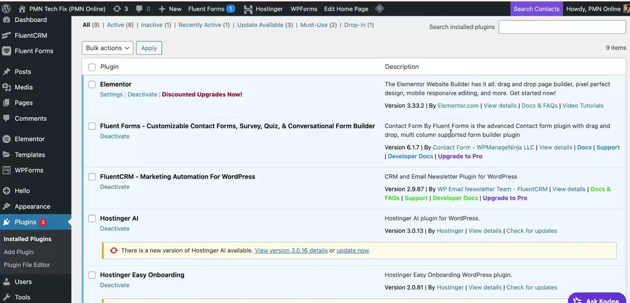 Elementor, Fluent Forms, and FluentCRM all active in the Plugins list — all three need to be installed for the embed-and-connect workflow to work end to end.