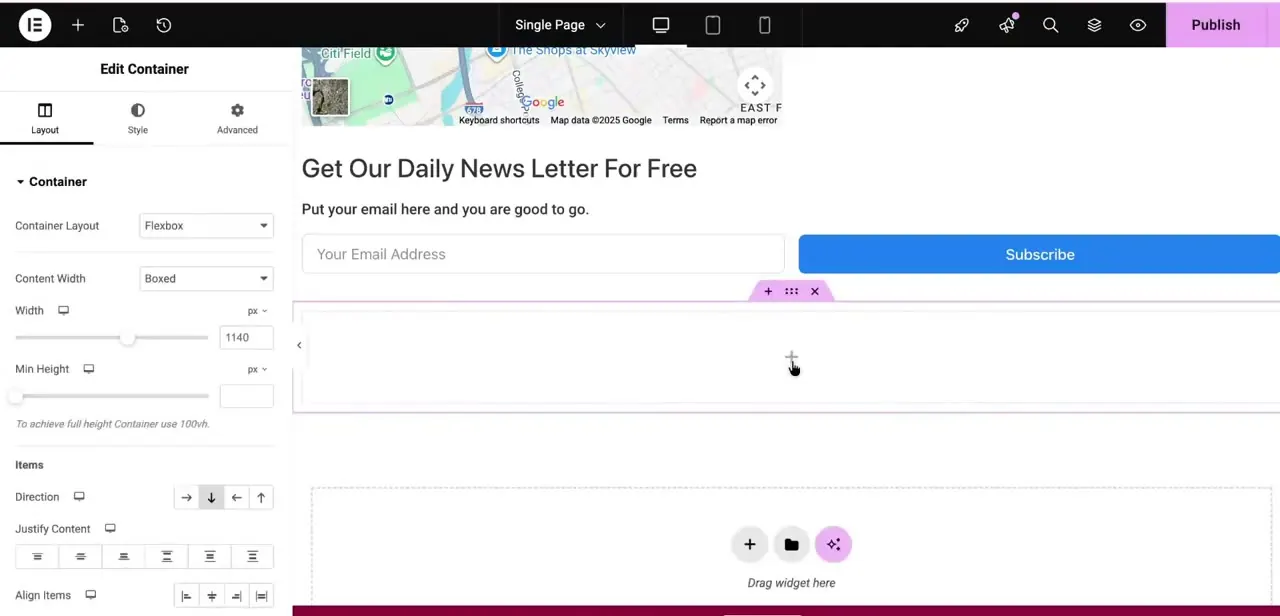 A Fluent Forms newsletter signup embedded inside an Elementor container, with the container's own layout settings — Content Width, Width — visible in the left panel.