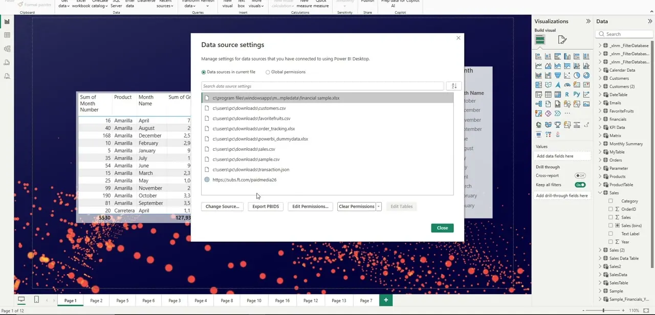 The Data source settings dialog, listing every connected source with Change Source, Edit Permissions, and Clear Permissions options at the bottom.