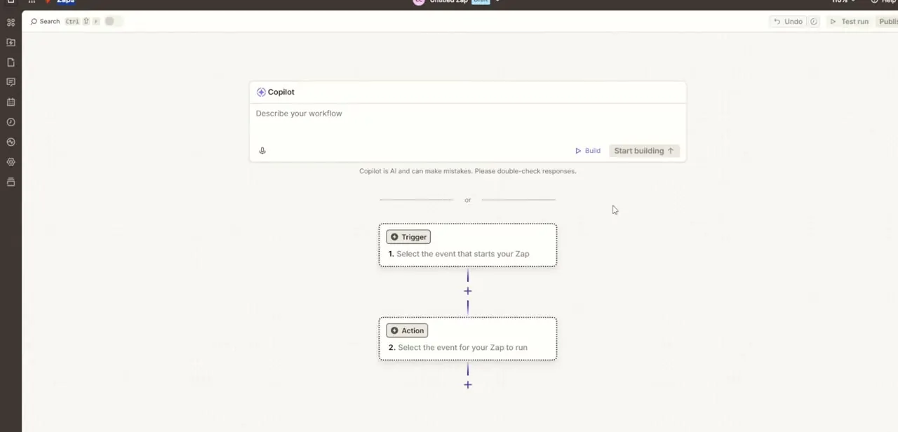 A fresh, untitled Zap. The Trigger block starts the workflow and the Action block below it defines what happens next — both are empty until you pick apps for each.