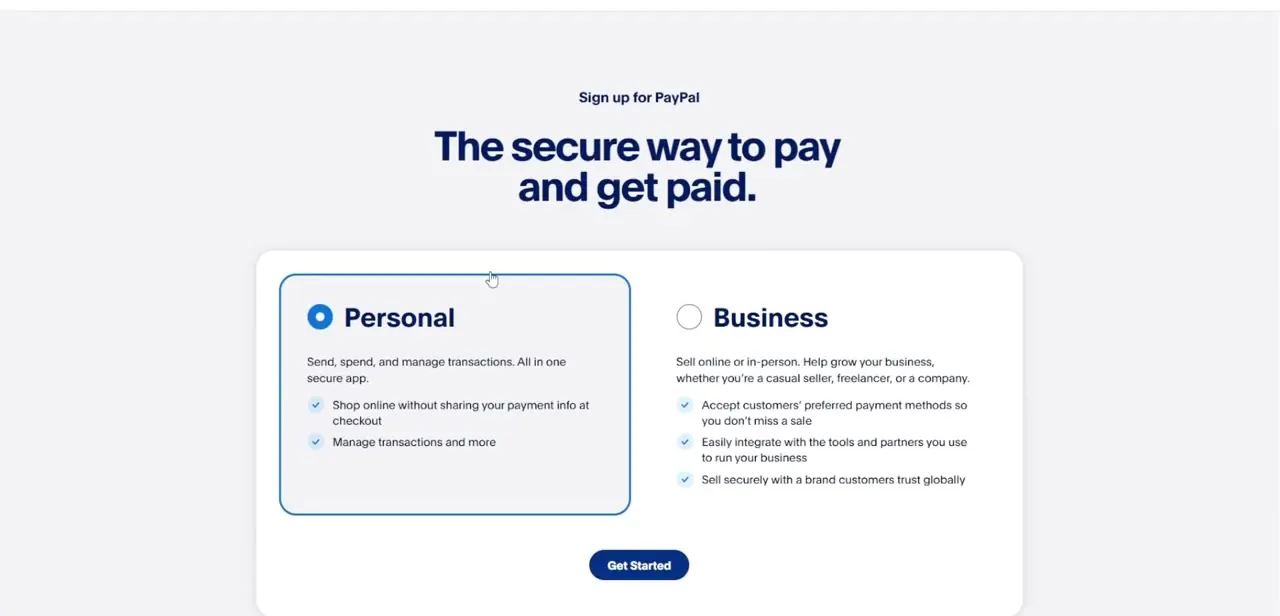 PayPal's account type selector, with Personal and Business laid out side by side. The Business column is the path to a public-facing name instead of your legal one.