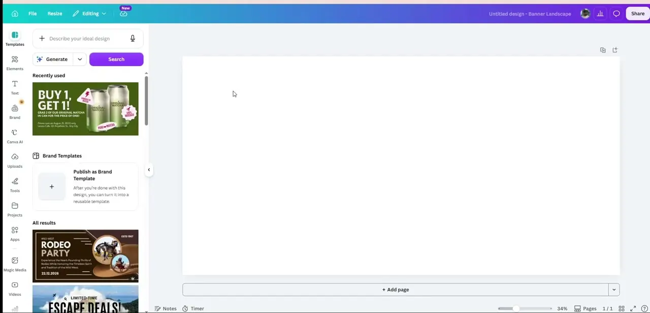 A new Banner Landscape project open in Canva, with the Templates panel and recently used designs available on the left.