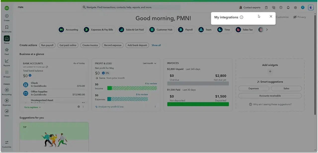 The QuickBooks Online home dashboard, with the My Integrations panel open from the profile menu in the top right.
