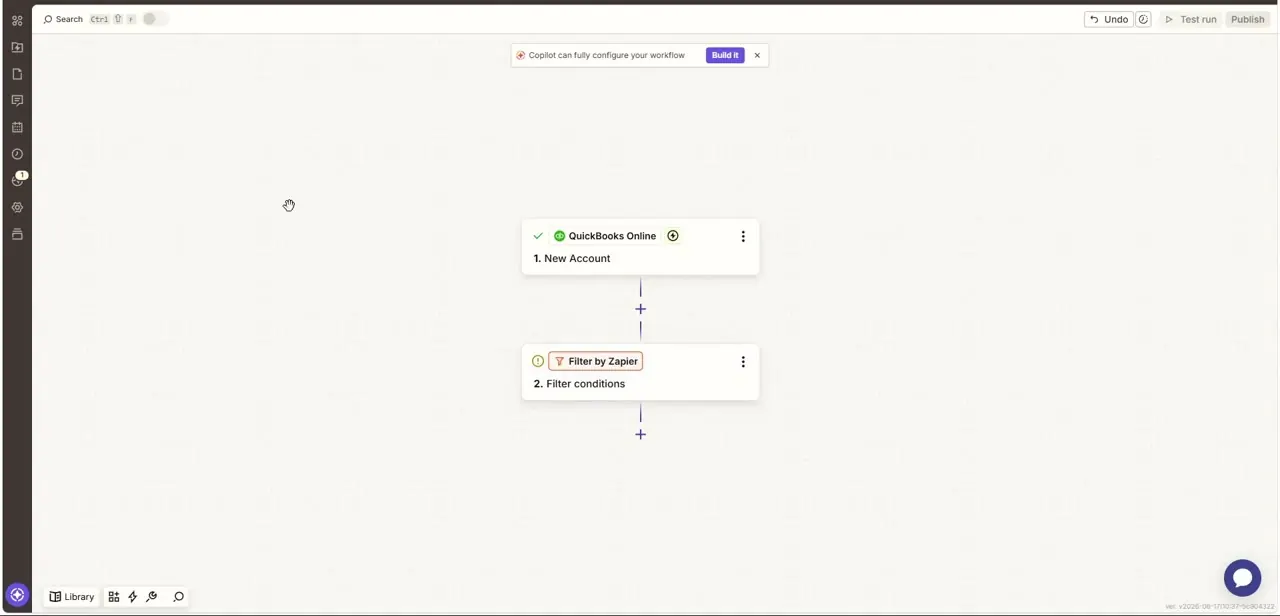 The completed QuickBooks Online trigger step, marked done with a green checkmark, sitting above an unconfigured Filter by Zapier step.