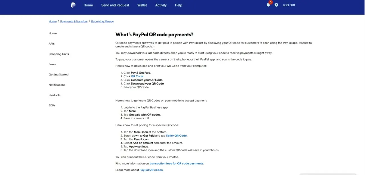 PayPal's "What's PayPal QR code payments?" support article, laying out how a customer pays and how a seller creates a code.