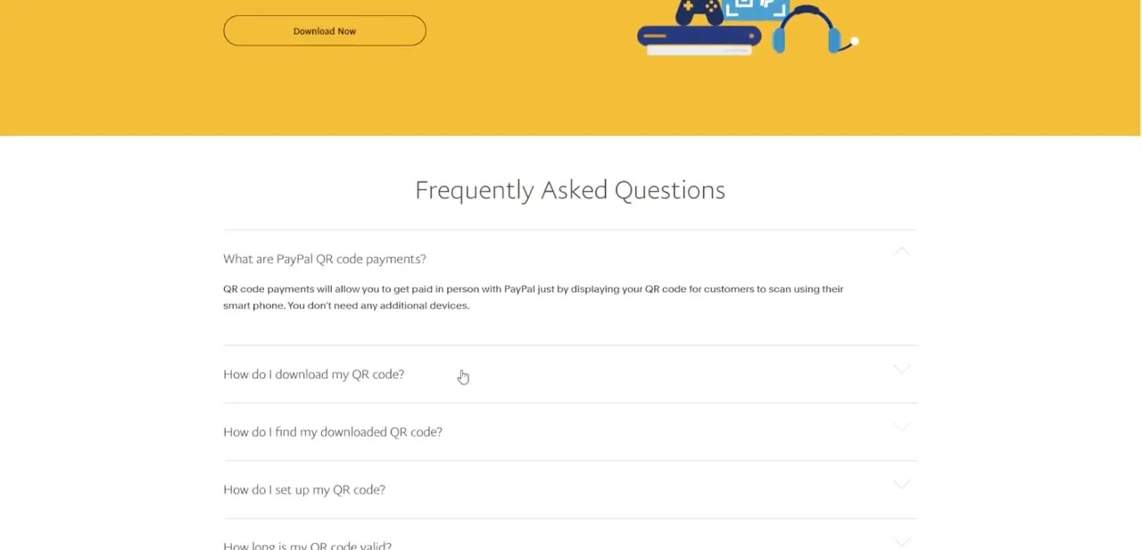 PayPal's QR code FAQ section, with expandable answers covering downloading, locating, setting up, and the validity period of a code.