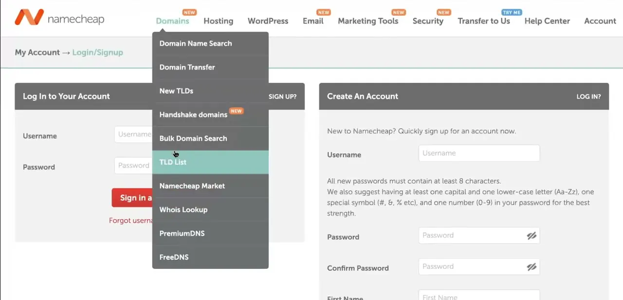 Namecheap's login page, with the Domains menu open showing tools like Domain Transfer and TLD List that sit separately from account settings.