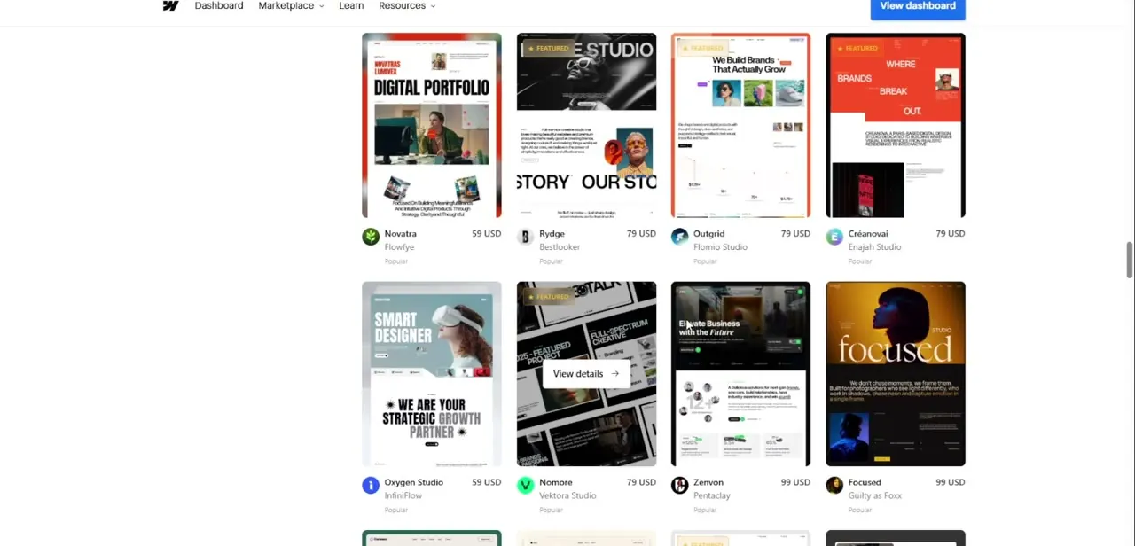 The Webflow template marketplace grid, showing preview thumbnails, designer credits, and prices ranging from free to premium.