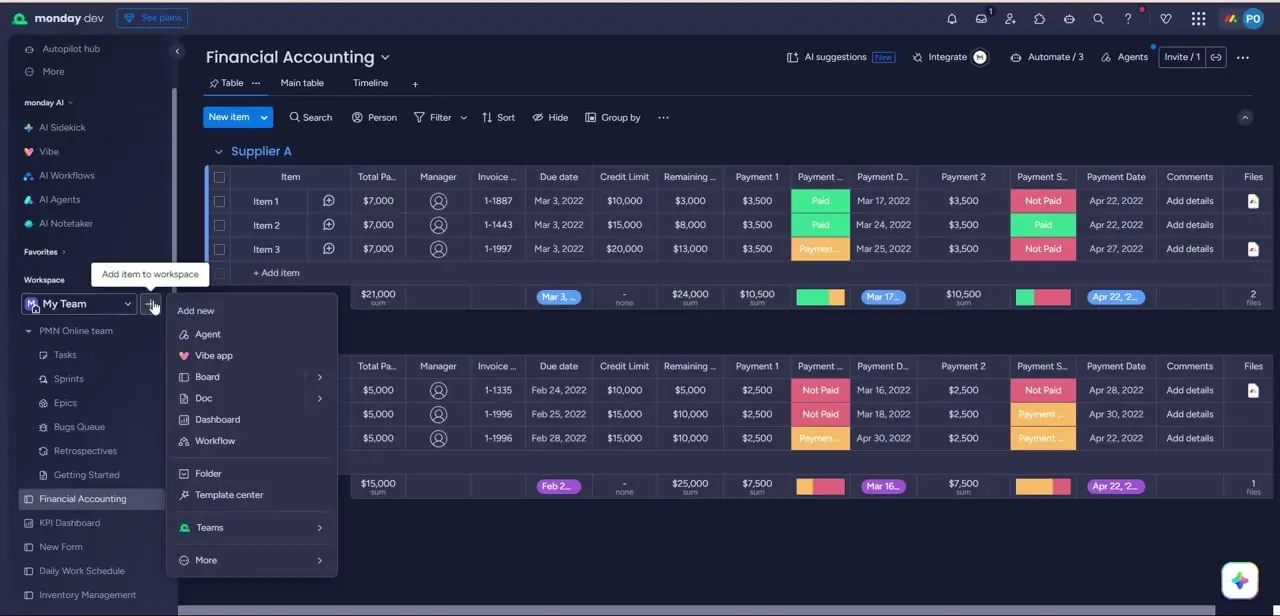 The Add new menu in the workspace sidebar, with Dashboard listed among Board, Doc, and Workflow as a distinct item type.